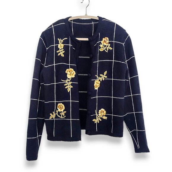 vintage 90's acrylic wool grid floral embroidered chunky granny cardigan S/M - Picture 1 of 6